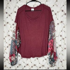 By Together Burgundy Top with Patterned Sleeves
